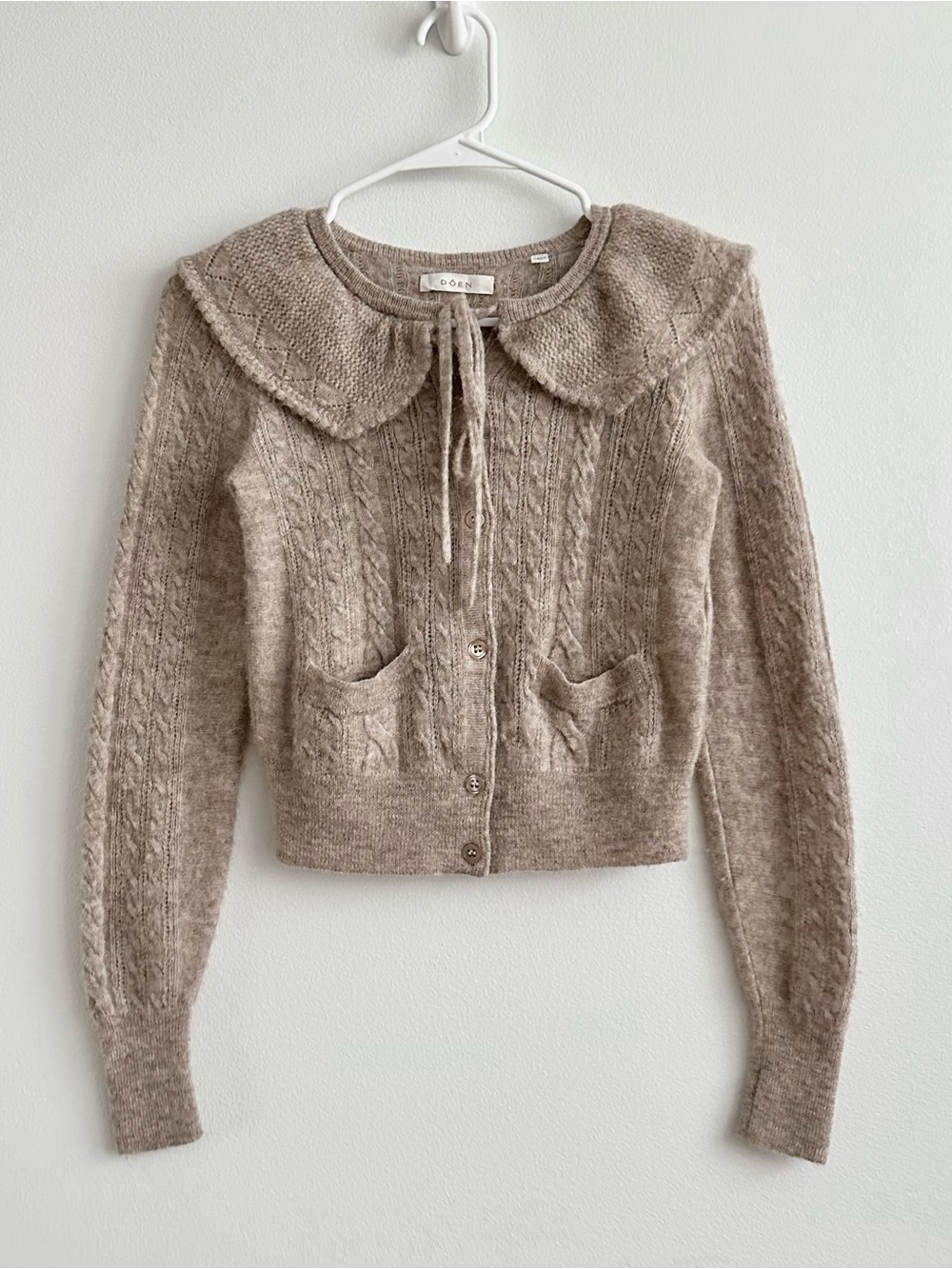 Doen Emmylou Beige Baby Alpaca Merino Wool Pointelle Knit Cardigan